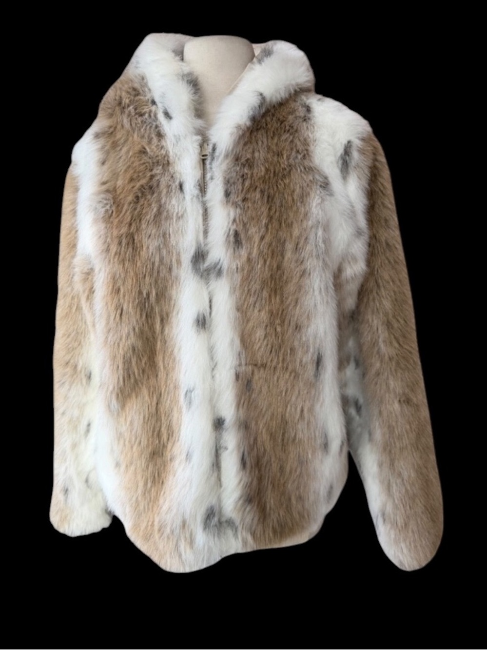 1990s/Y2K Reversible Faux Fur Lynx Animal Print Full Zip Hip Pockets Hooded Coat